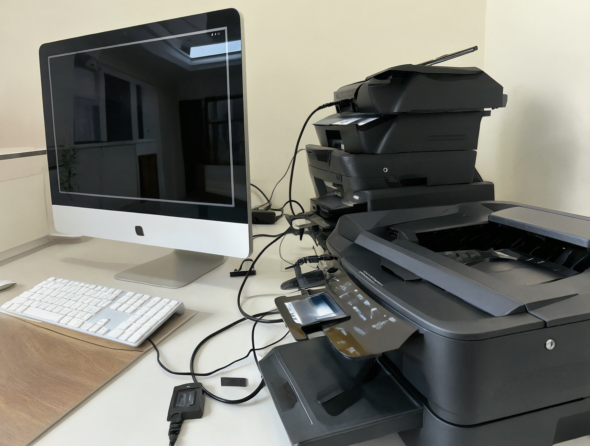 Varias impresoras idénticas conectadas a un ordenador en una oficina moderna.