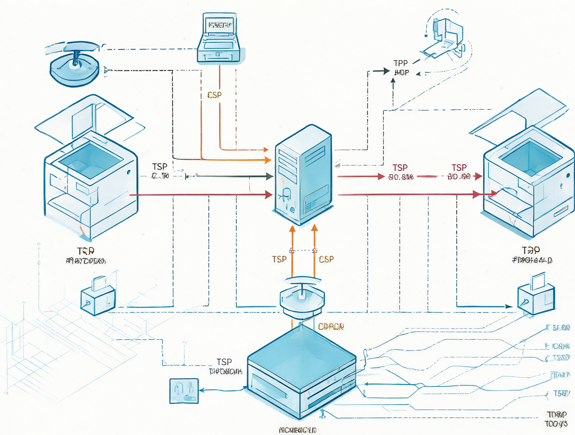 Diagrama de red mostrando conexiones de puertos y direcciones IP para impresoras idénticas.