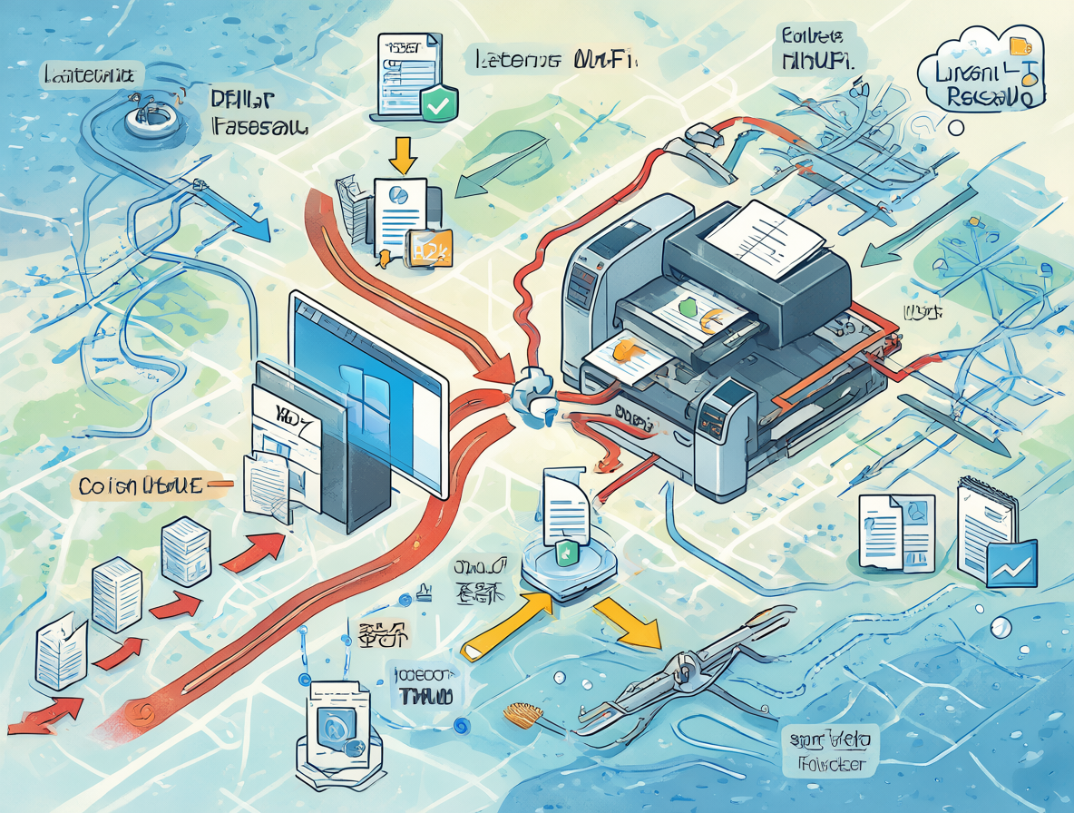 Diagrama técnico que ilustra las fuentes de retraso al compartir una impresora vía Windows SMB.