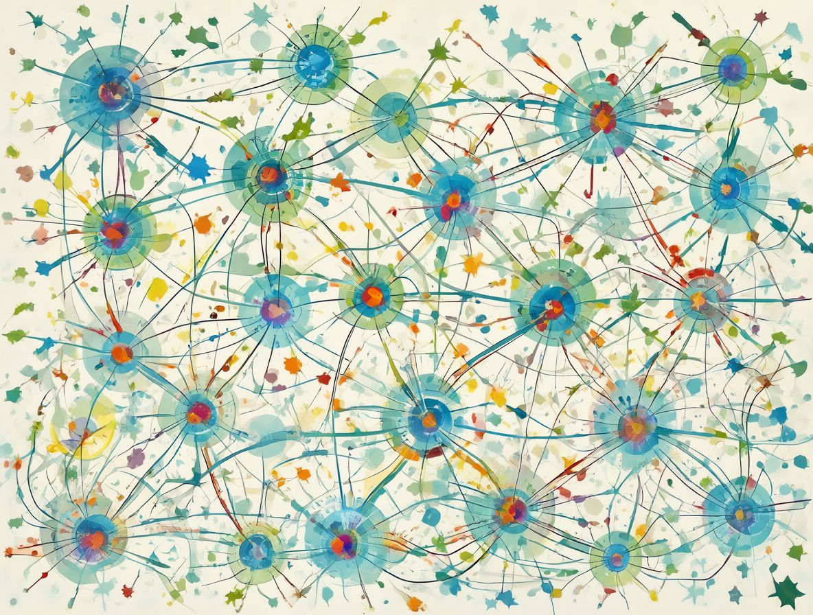 Gráfico abstracto representando la complejidad del ecosistema mediático y el flujo de información entre medios y público.
