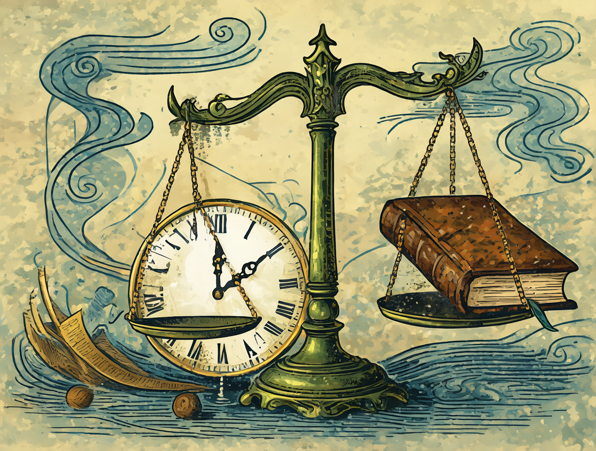Balanza legal con libros y reloj representando derechos de autor