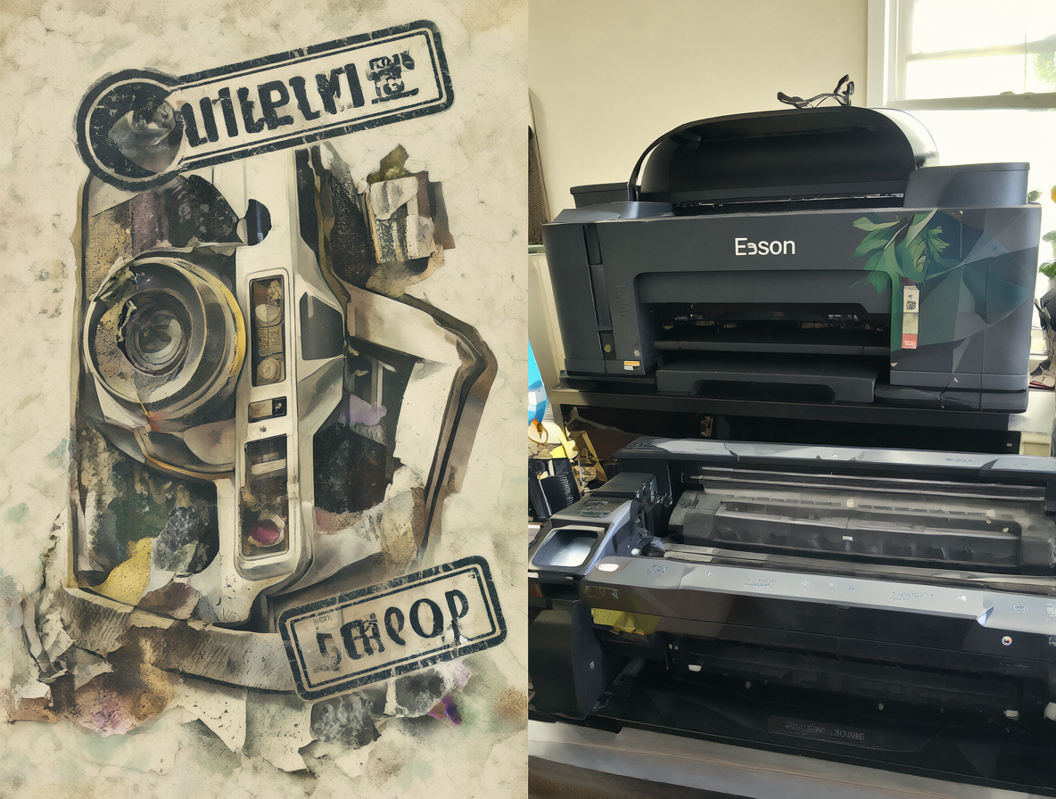 Imagen dividida mostrando una cámara Kodak antigua con sello de quiebra y modernas impresoras Epson y Canon juntas.