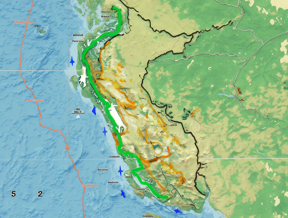 Mapa detallado mostrando la ruta geográfica de la inmigración peruana a Chile durante la década de los noventa, con flechas que indican el movimiento de personas desde Lima hasta Santiago.