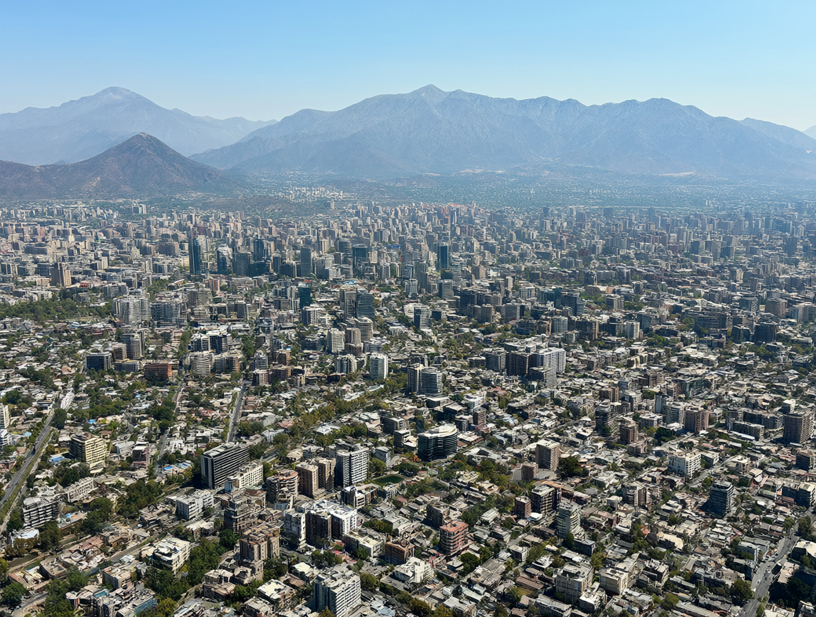 Vista aérea panorámica de la ciudad moderna de Santiago con los Andes al fondo