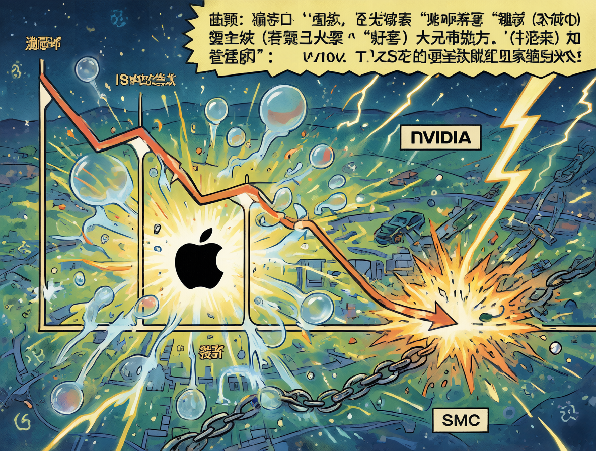 Gráfico conceptual mostrando las tensiones del mercado de la IA, la posición estratégica de Apple y el surgimiento de modelos eficientes.