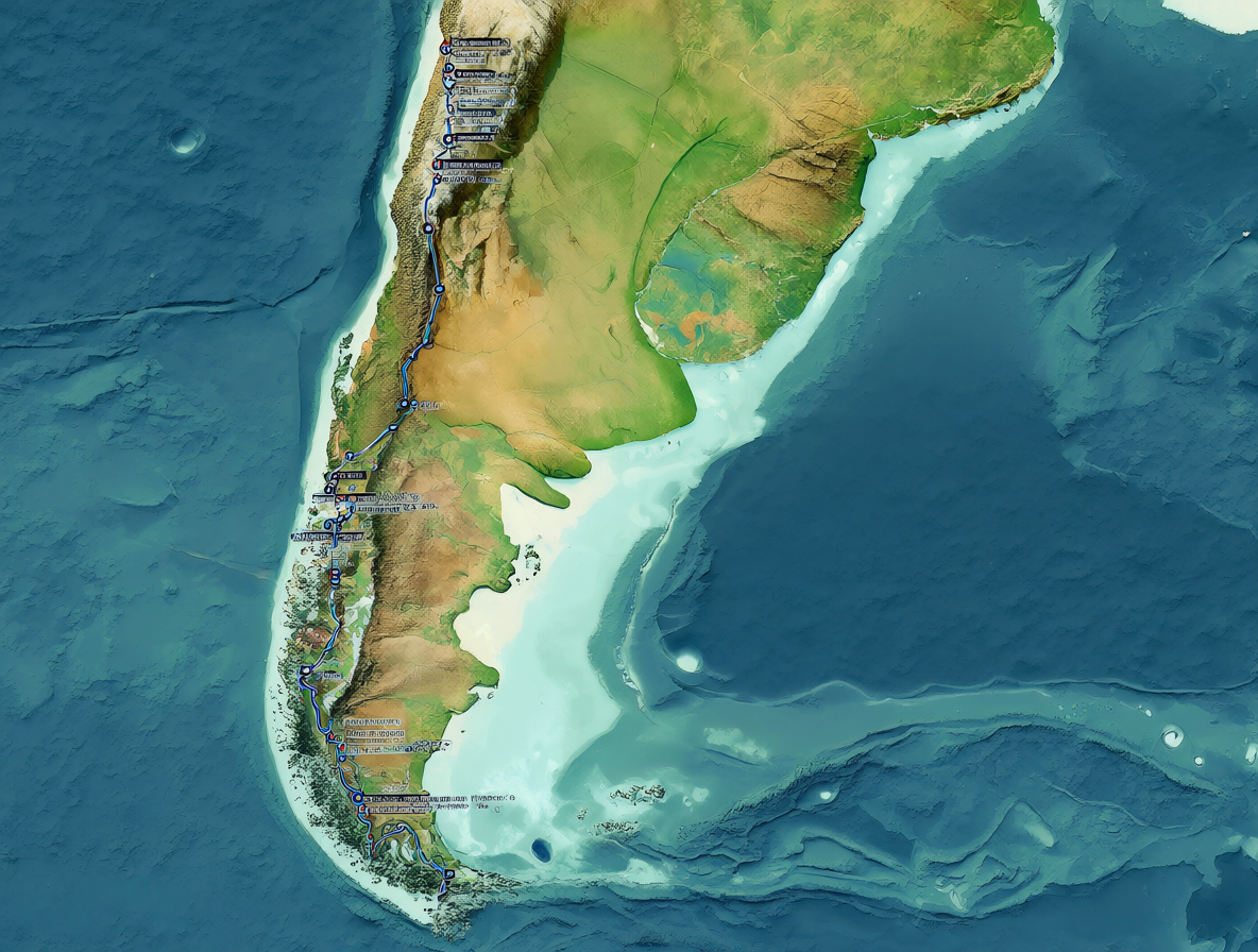 Vista aérea de un mapa estilizado de Chile mostrando una línea de ruta que conecta San Pedro de Atacama con Torres del Paine.