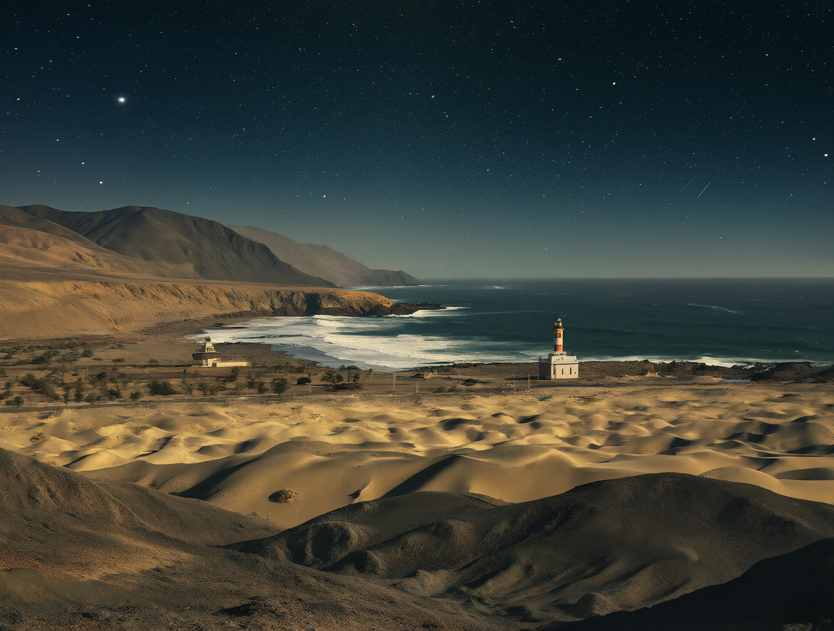 Vista panorámica que combina las dunas del desierto con el Faro de La Serena y el océano Pacífico.