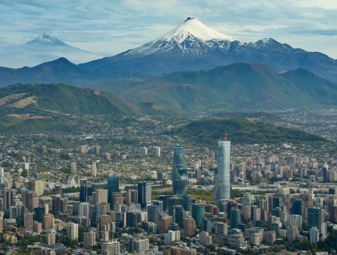 Vista panorámica de Santiago de Chile con las montañas nevadas del Parque Nacional Villarrica al fondo.
