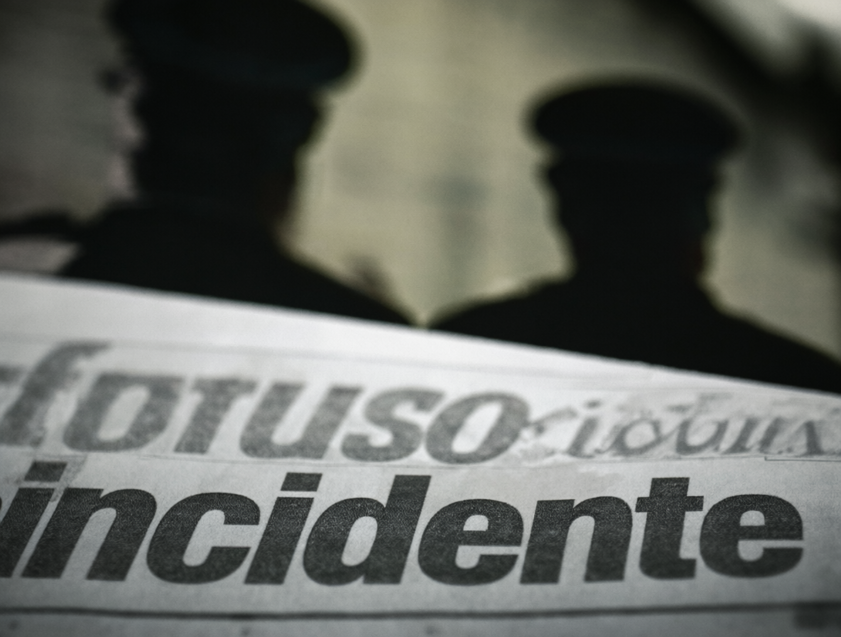 Close-up shot of a newspaper headline that is blurred, showing the text 'confuso incidente', with dark shadows behind it.
