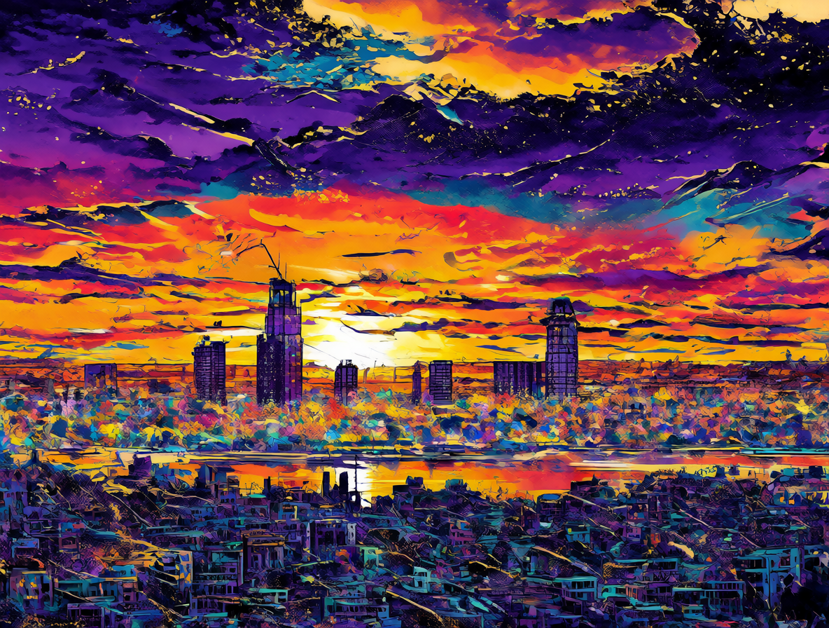 Vista de un paisaje urbano con colores extremadamente saturados y cielo azul eléctrico.