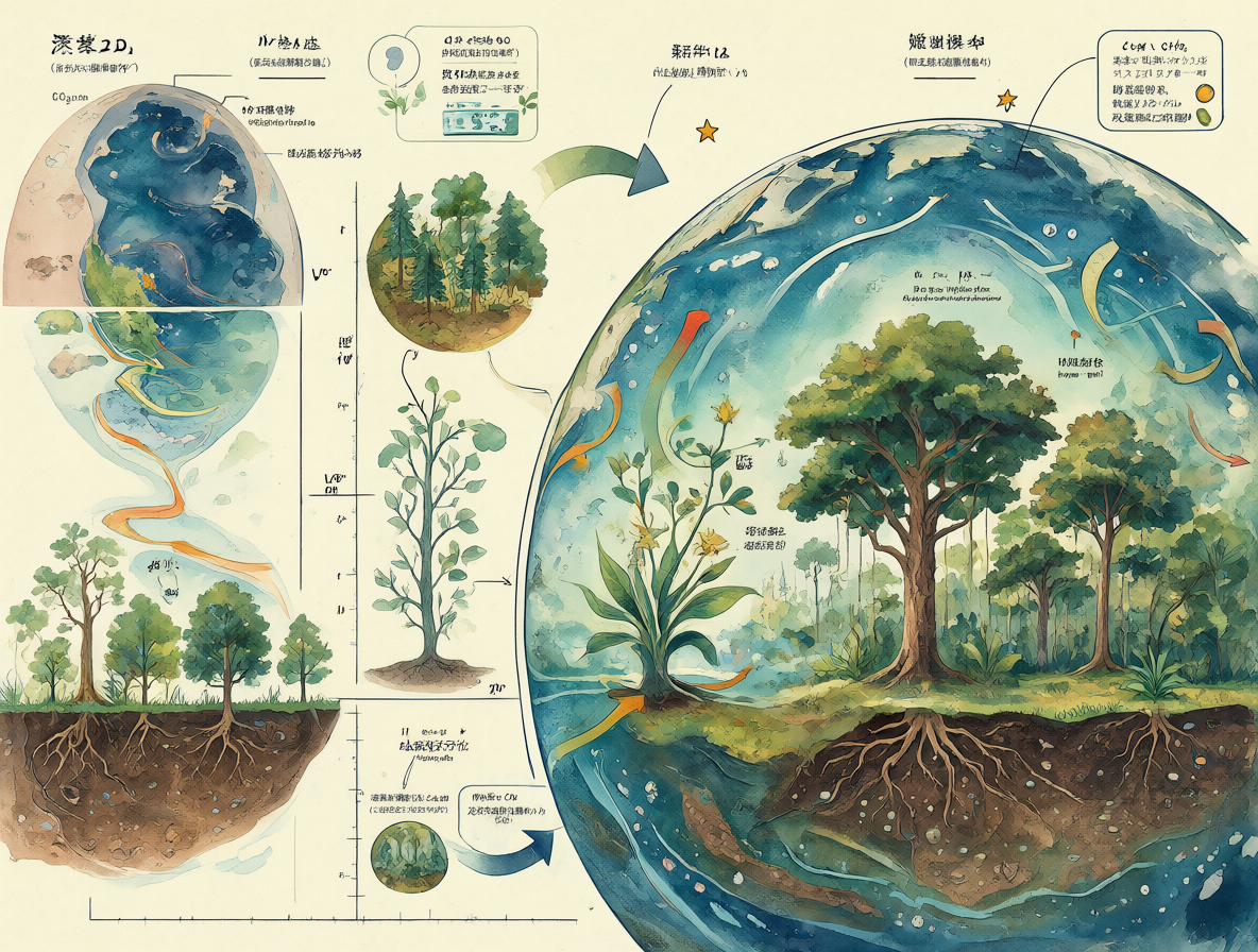 Scientific diagram showing Earth's evolution with and without trees