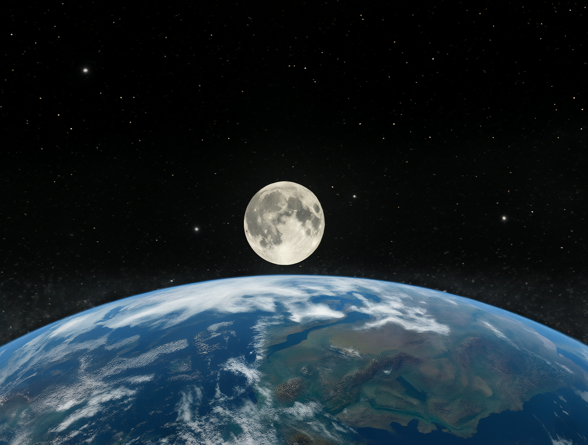 Vista espacial de la Tierra con la Luna llena brillante