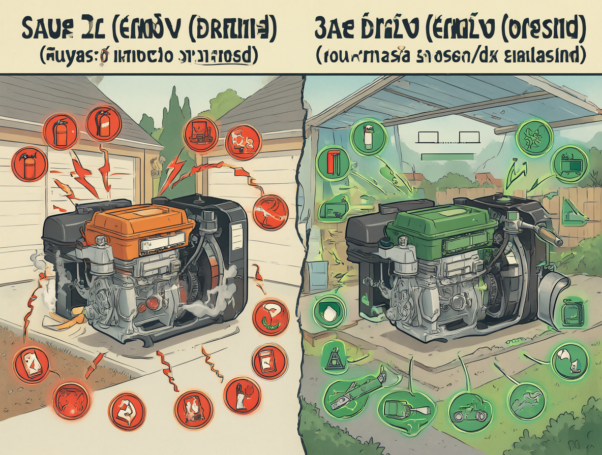 Diagrama comparativo mostrando la volatilidad de la gasolina frente a la estabilidad del diésel en equipos eléctricos domésticos.