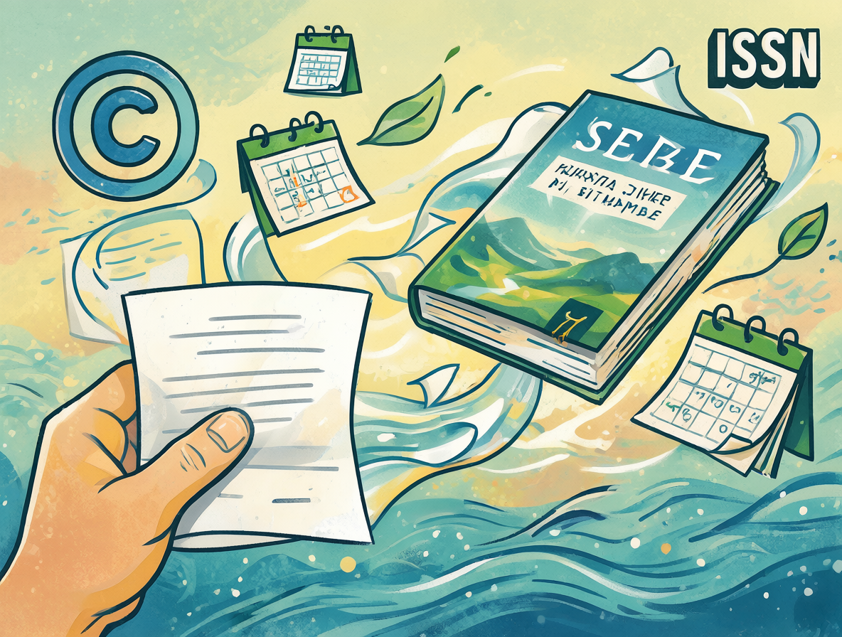 Ilustración mostrando los requisitos para publicar en Amazon KDP, incluyendo el símbolo de copyright, el ISBN y una vista de un calendario con efemérides.