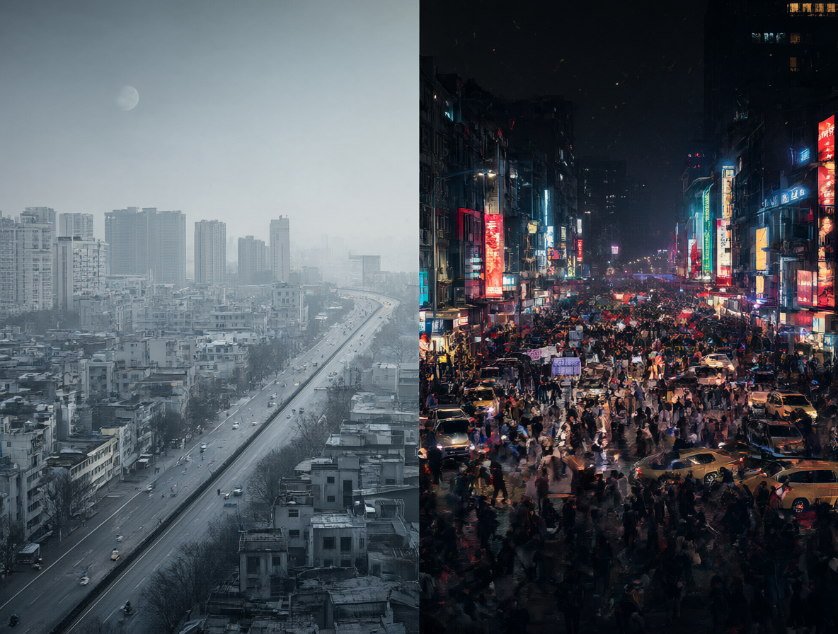 Comparación visual entre un entorno altamente controlado y uno dinámico y caótico