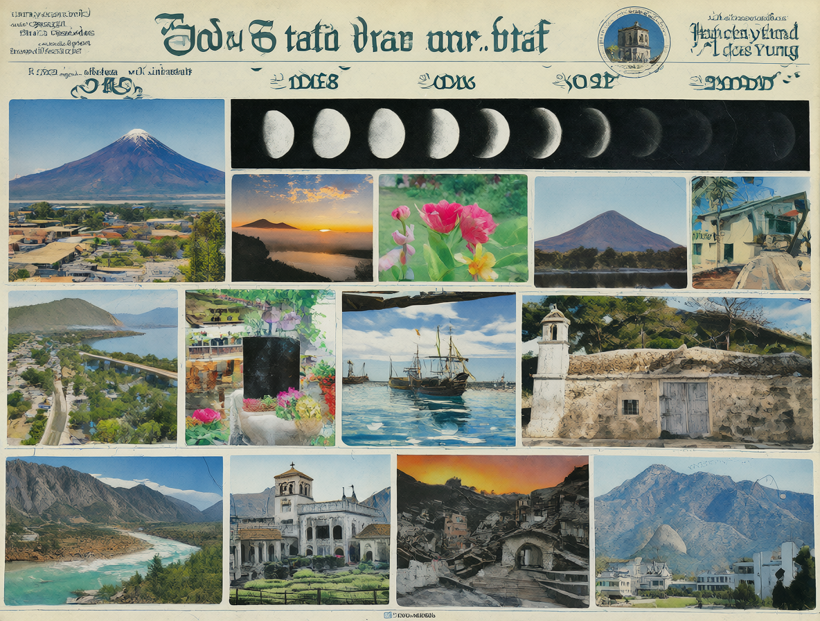 Contratapa de calendario con diseño tradicional, inicio en lunes, lunas y fotos turísticas