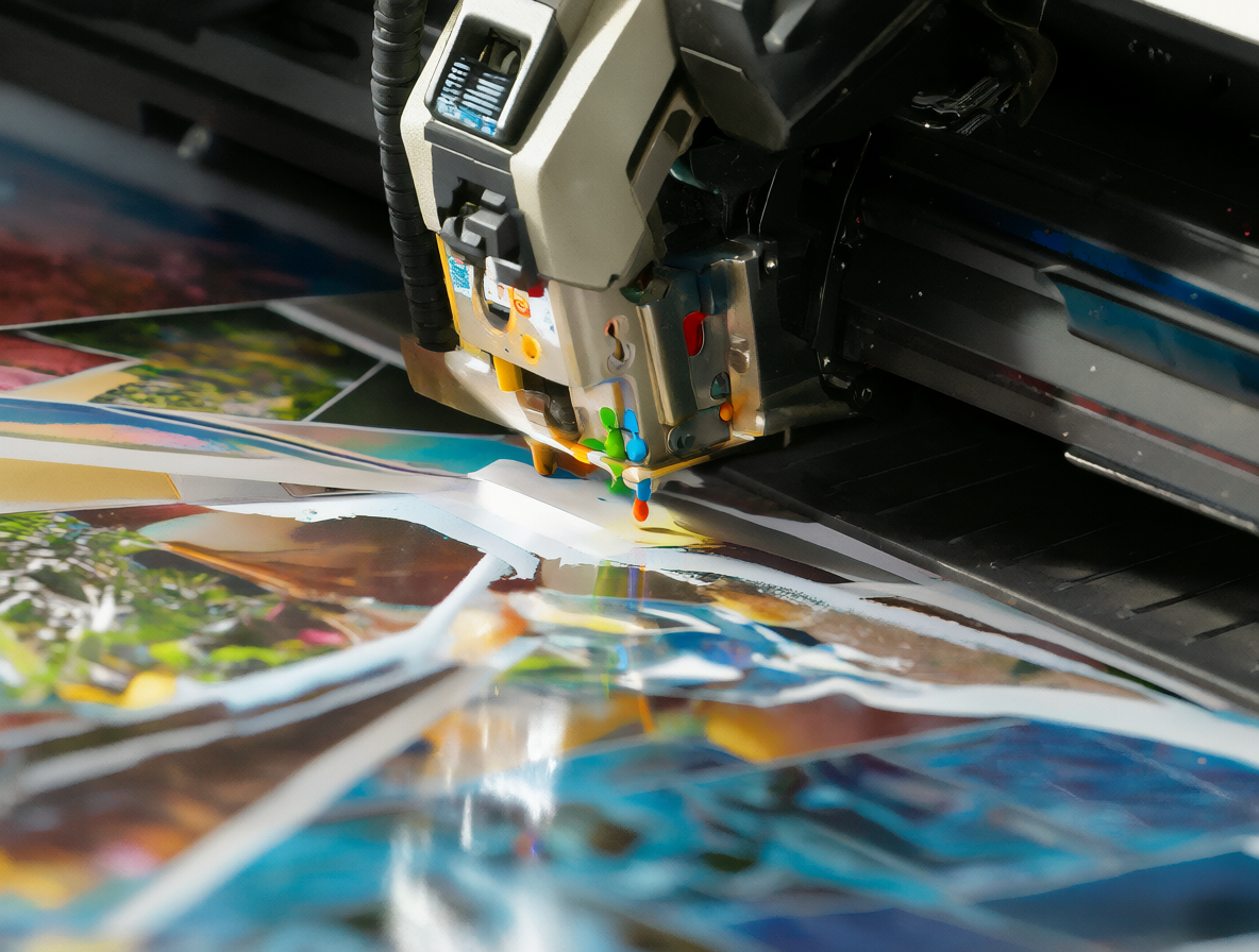 Detalle técnico de una impresora inyectando gotas de tinta colorida en hojas de papel de alta calidad.