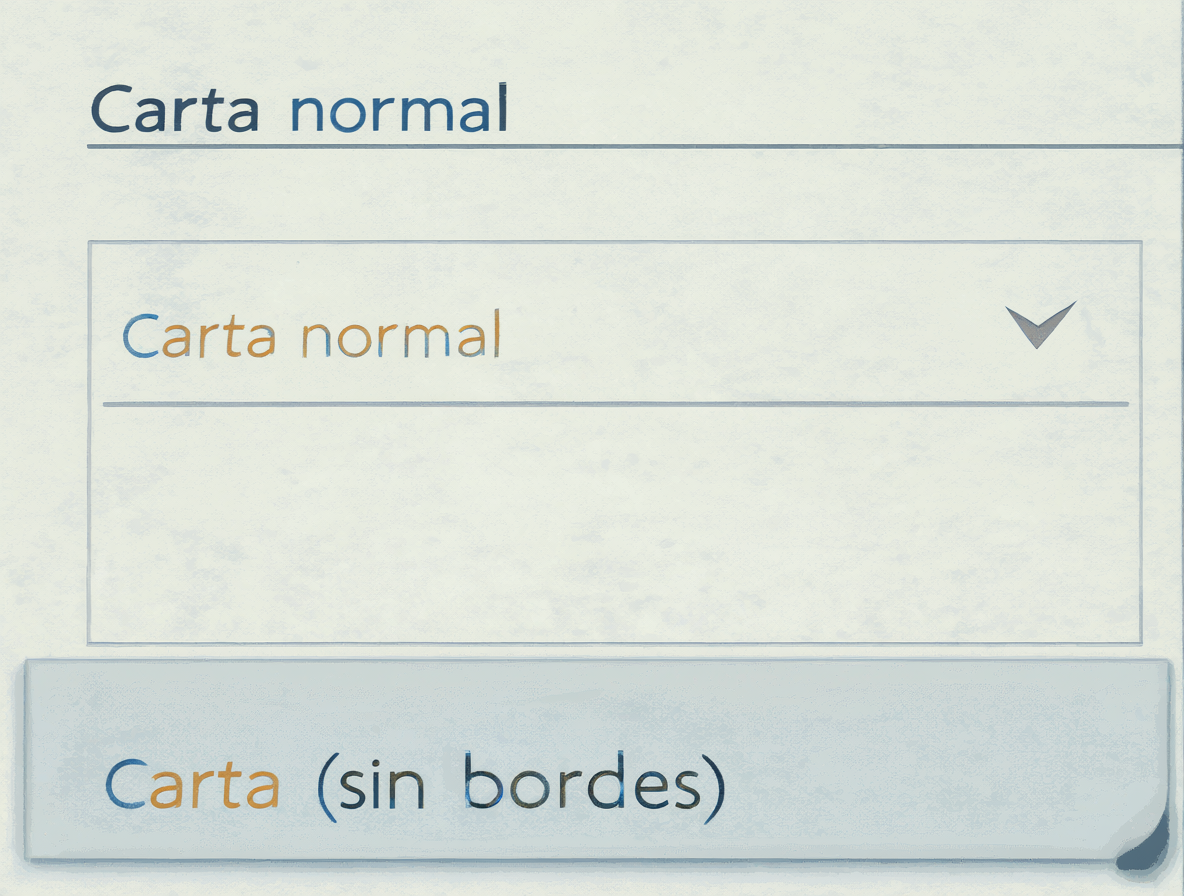 Menú desplegable mostrando la diferencia entre carta normal y carta sin bordes.