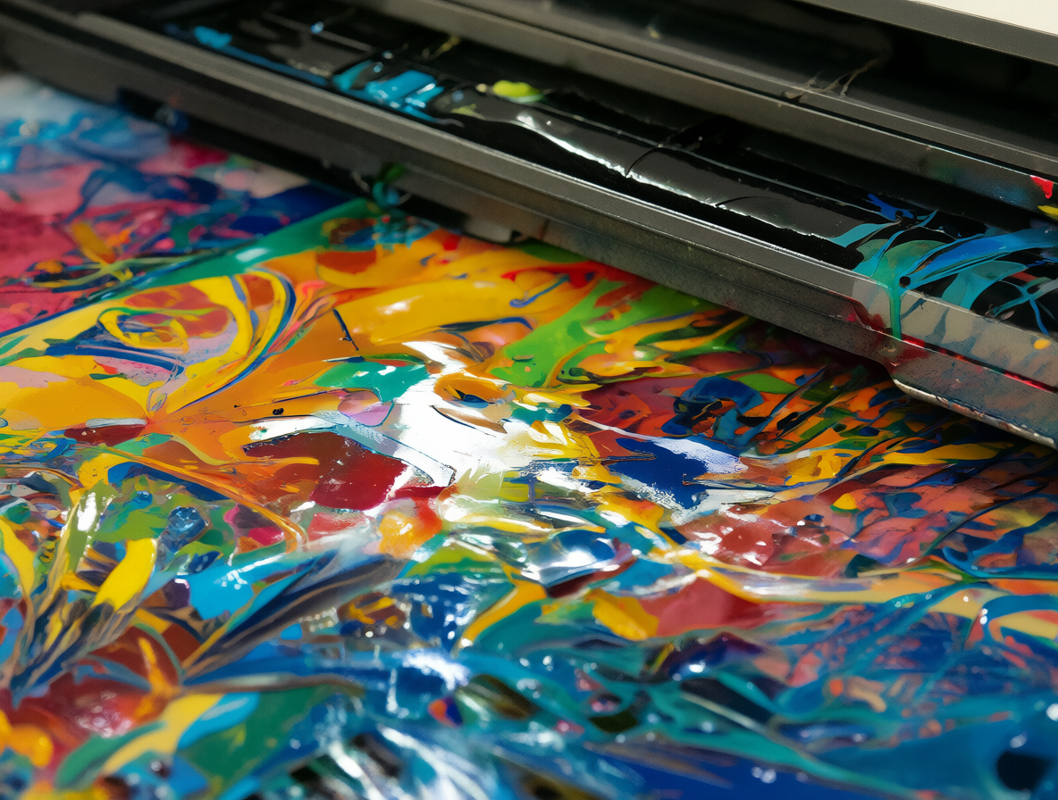 Foto macro de papel brillante con impresión vibrante en una impresora moderna