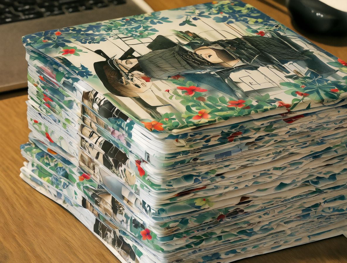Varios libros de manga dobles apilados en una mesa