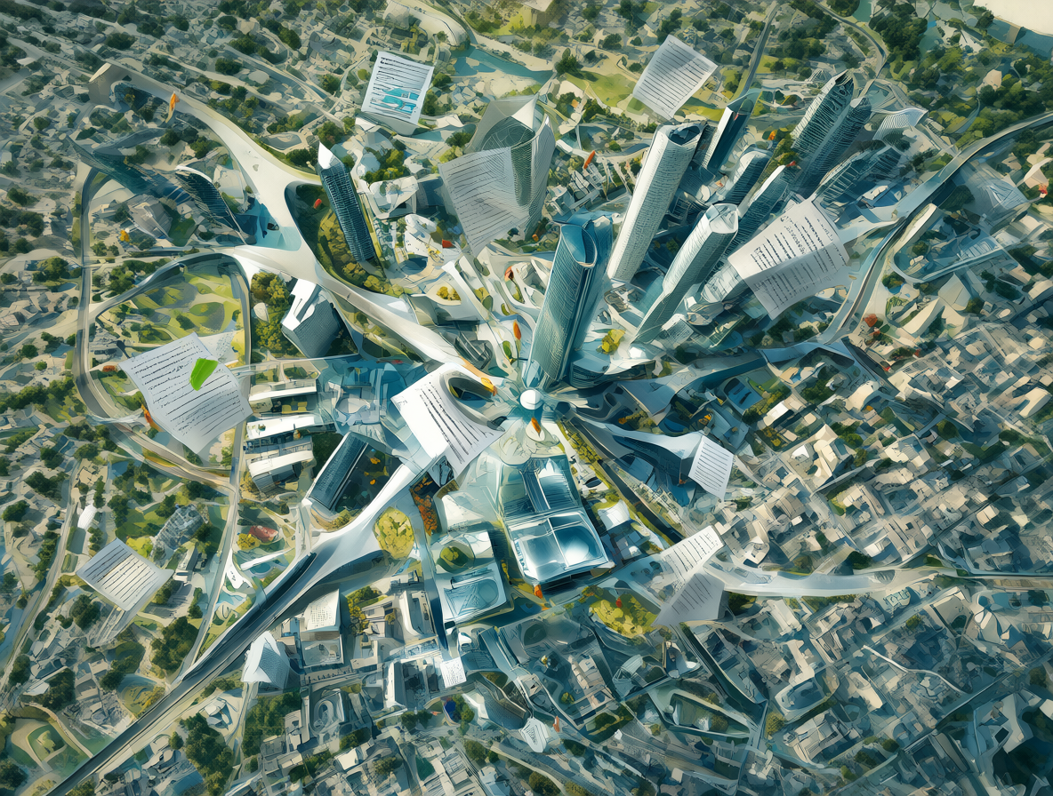 Ilustración conceptual de una corporación moderna expandiéndose sobre un paisaje urbano, rodeada de documentos legales y gráficos financieros que representan la dualidad entre lucro e impacto social.