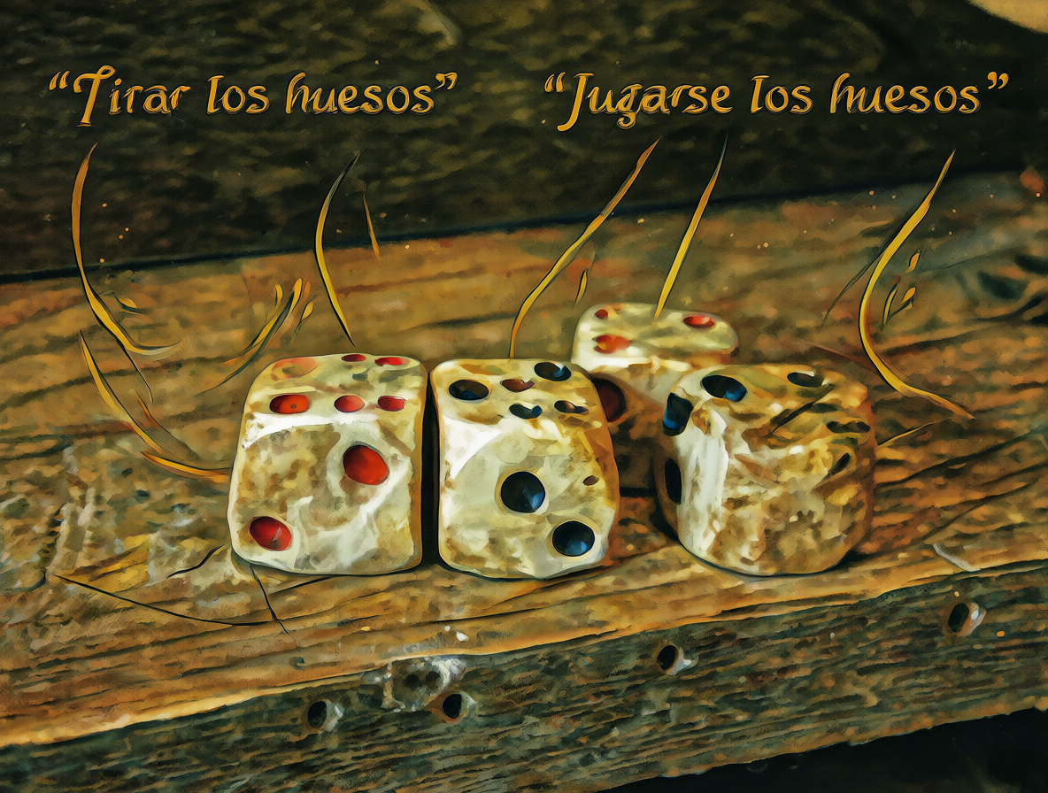 Ilustración de dados de hueso sobre madera con texto flotante mostrando opciones de traducción en español.