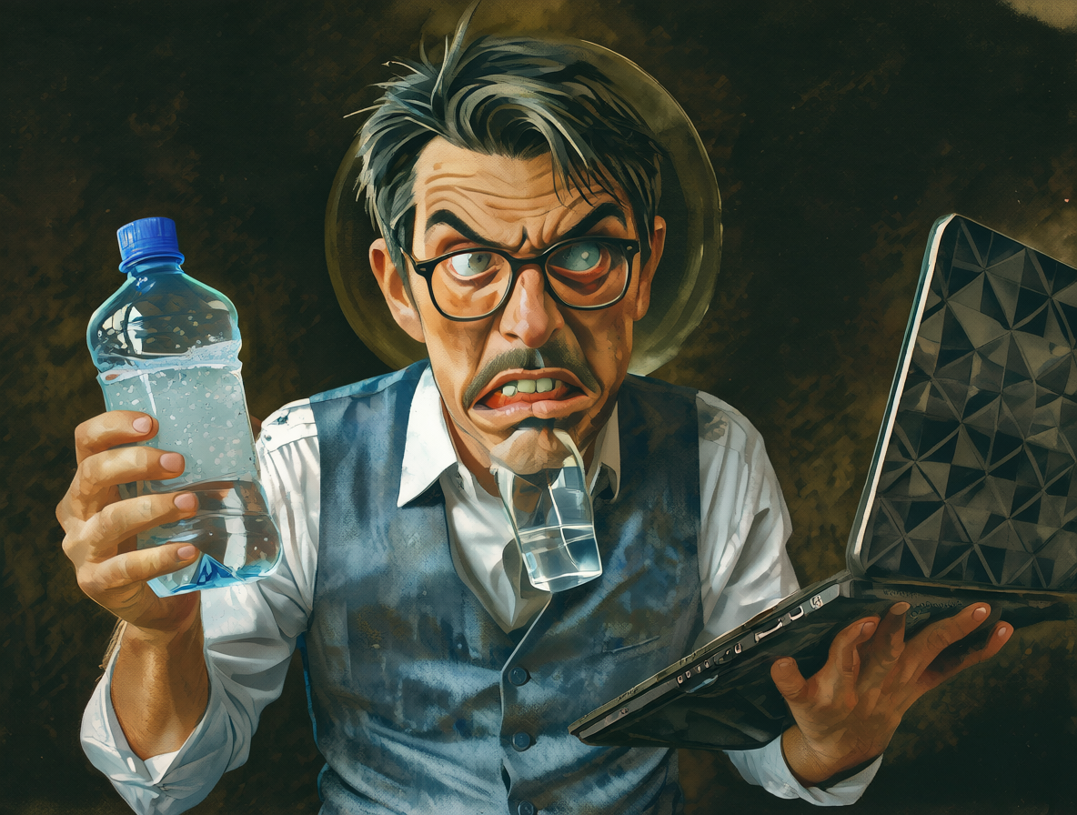 Retrato de Guillermo con expresión paranoica sosteniendo una laptop y un frasco de agua oxigenada