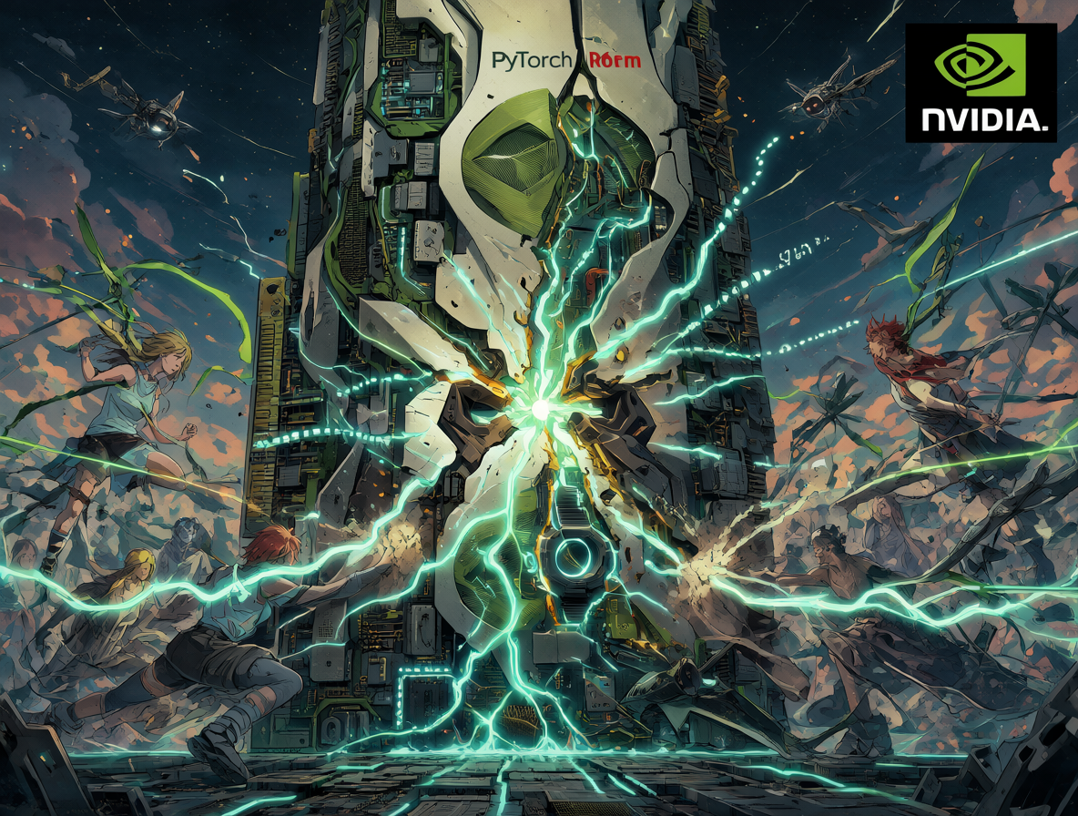 Ilustración del impacto de ZLUDA y PyTorch-ROCm en el mercado de GPUs y el monopolio de Nvidia.