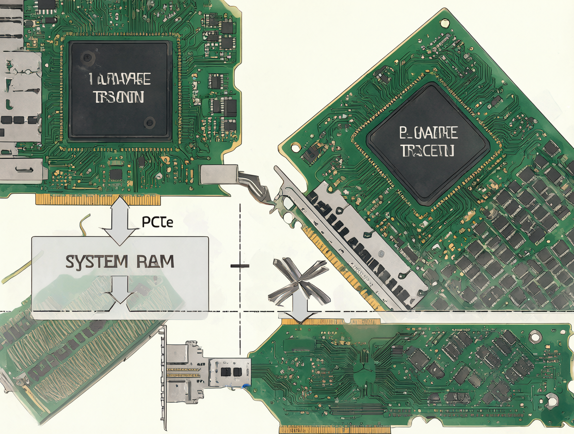 Ilustración técnica mostrando una GPU conectada a un bloque de RAM vía PCIe, mientras que dos GPUs separadas están aisladas entre sí sin conexión de memoria compartida.