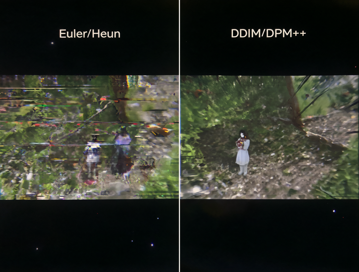 Split-screen diagram comparing Euler/Heun samplers showing instability against DDIM/DPM++ showing smoothness in video generation.