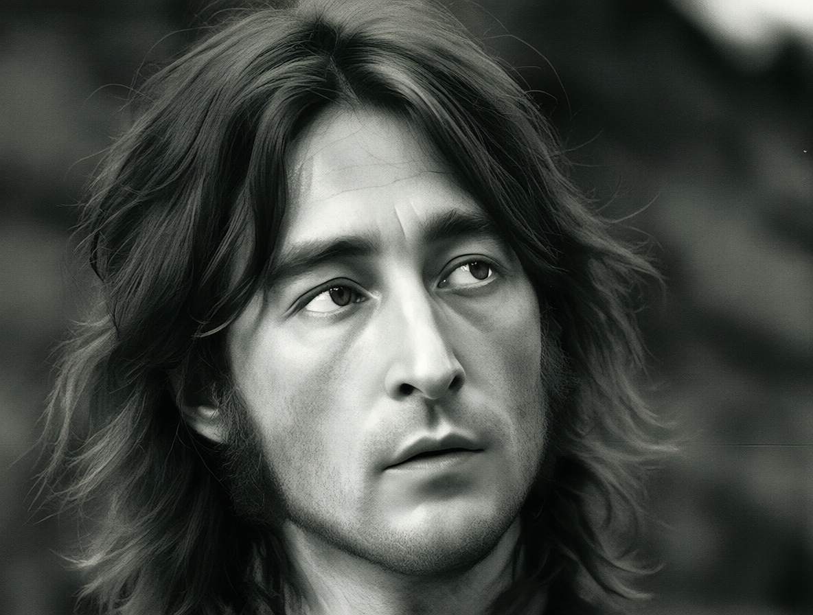 Retrato blanco y negro de John Lennon mirando pensativamente