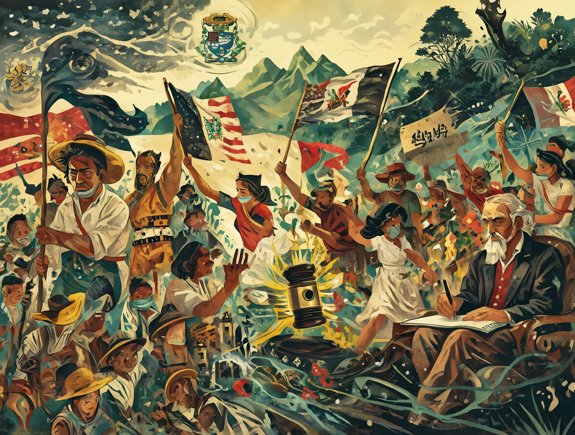 Ilustración digital mostrando la historia de los derechos laborales en Latinoamérica.