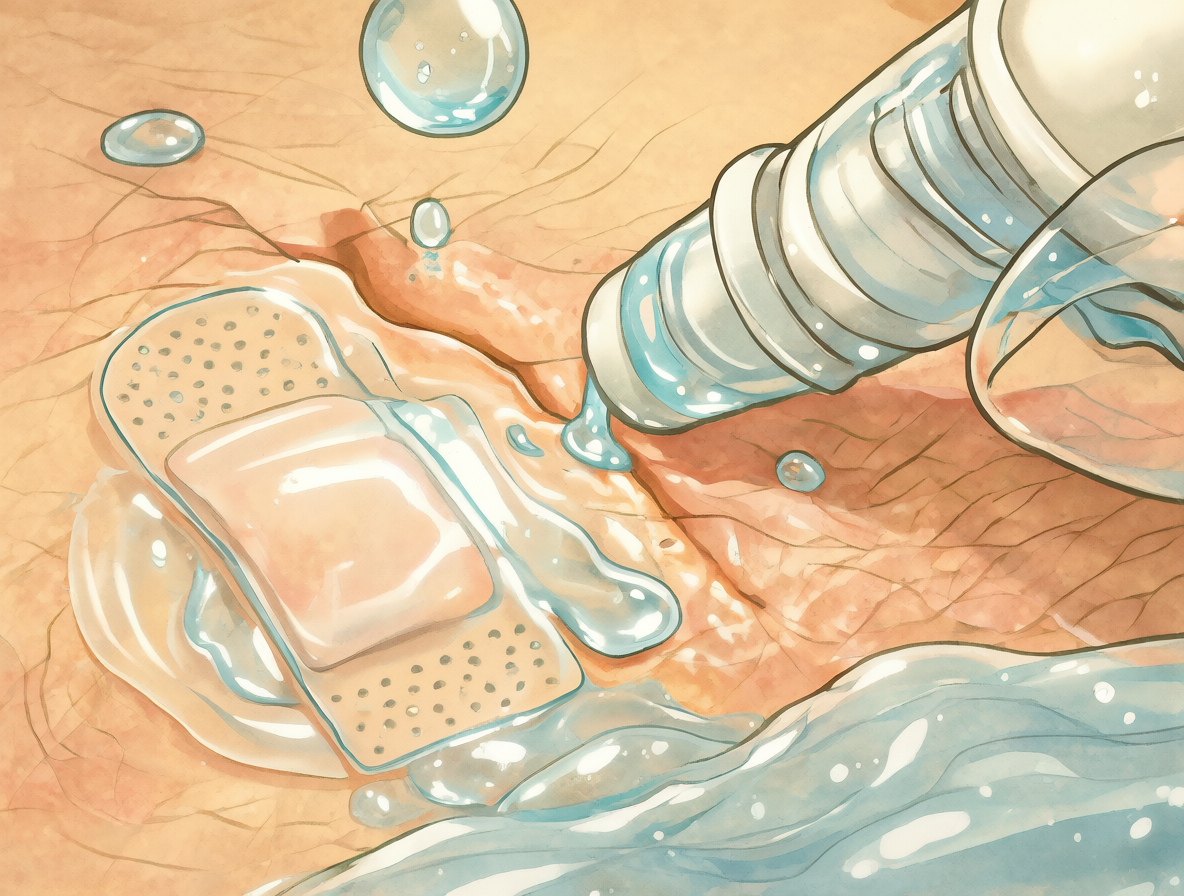 Ilustración detallada de una herida con costra siendo protegida por un apósito estéril y limpiada suavemente con agua tibia, mostrando la aplicación de pomada hidratante.
