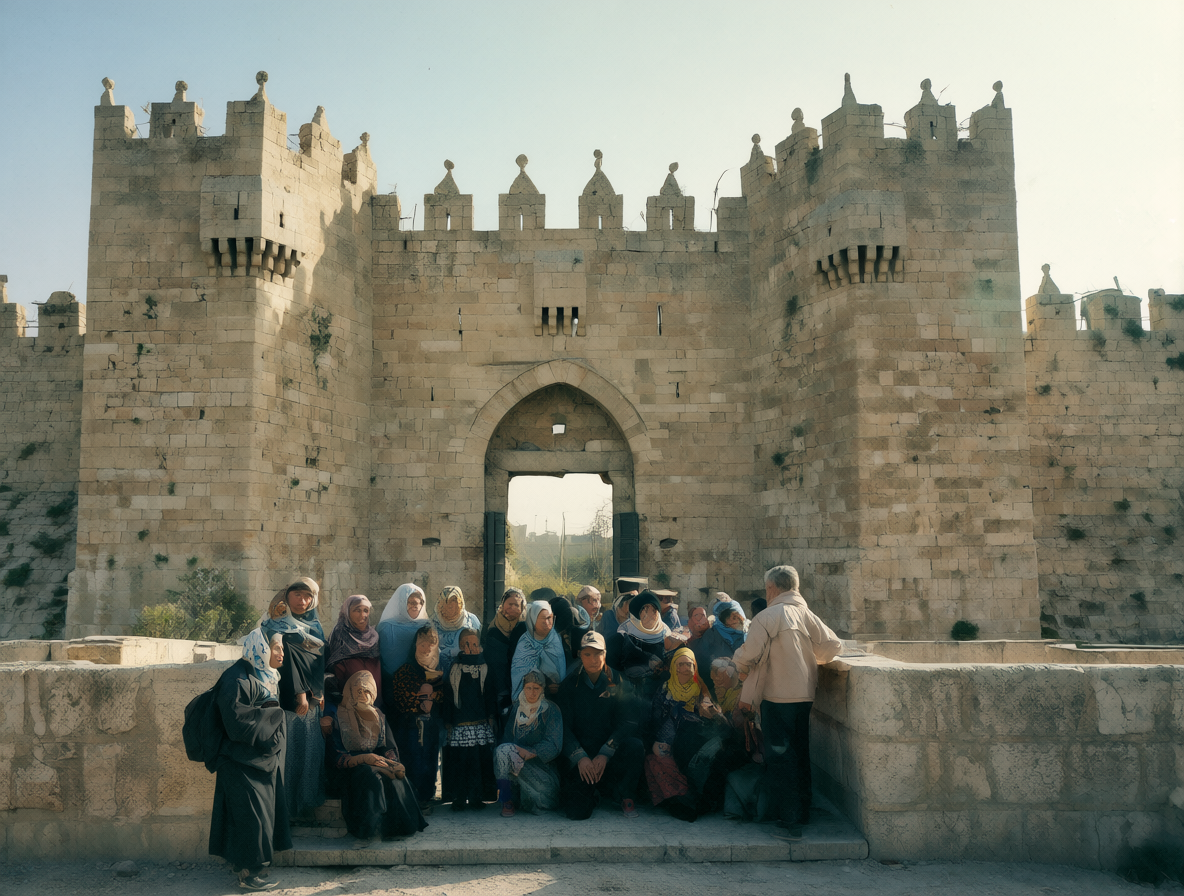 Grupo pequeño de personas palestinas reunidas frente a la Puerta de Damasco en Jerusalén, bajo luz natural