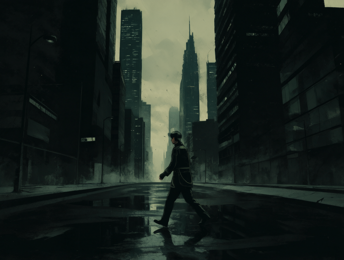 Figura corriendo en un paisaje urbano oscuro y distópico.