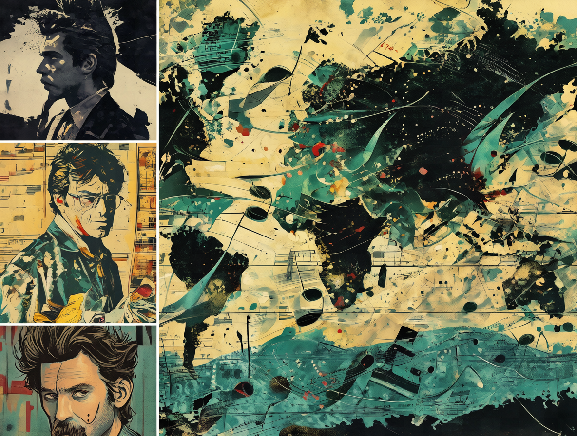 Collage artístico con siluetas de músicos y notas musicales sobre un mapa del mundo