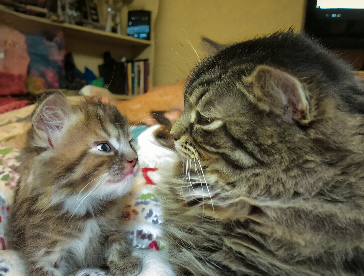 Foto de un gatito pequeño junto a su madre.