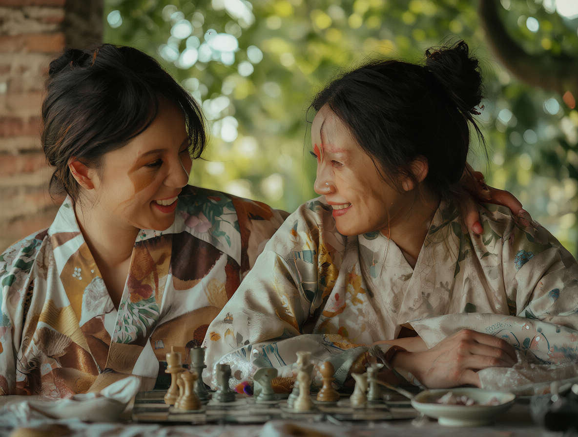 Dos personas sonriendo cerca de un tablero de ajedrez.