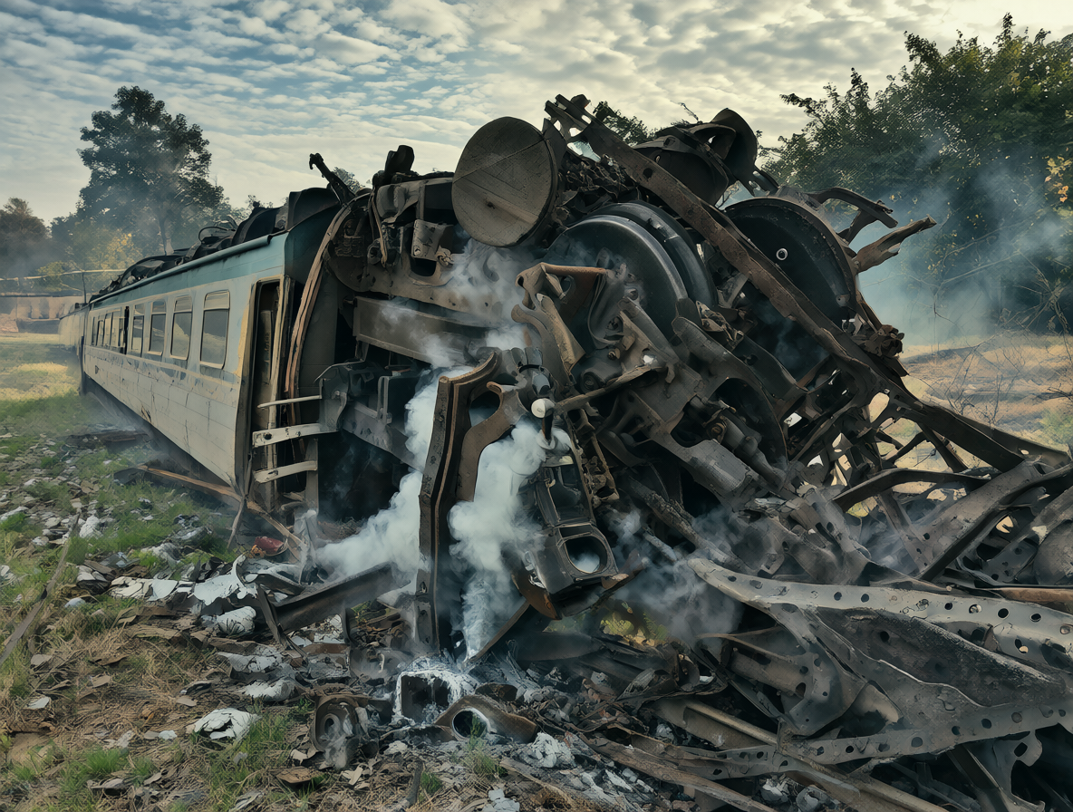 Imagen de un vagón de tren destrozado y volcado