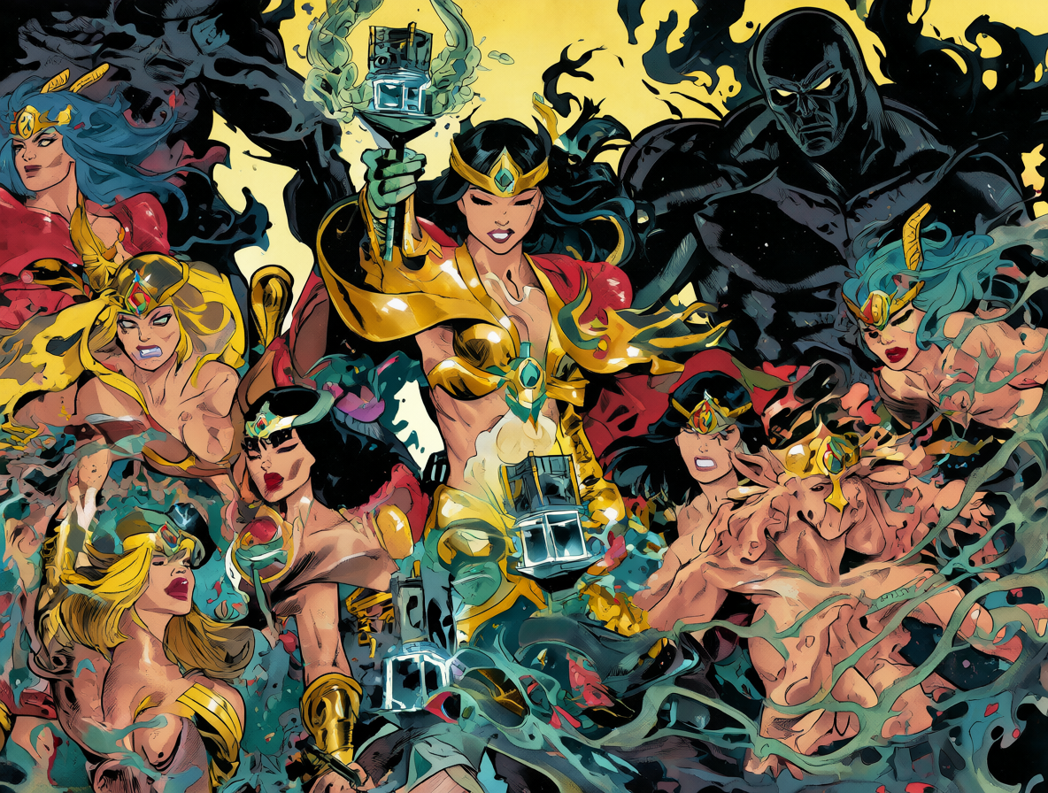 Imagen mostrando a Donna Troy y una silueta de Darkseid