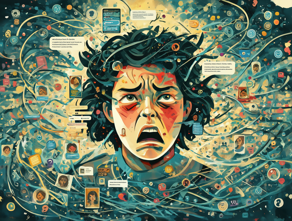 Ilustración digital de un usuario frustrado rodeado de notificaciones de redes sociales.