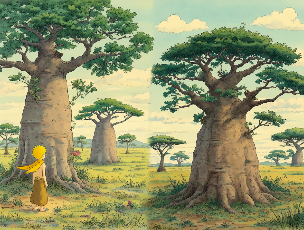 Ilustración mostrando al pequeño príncipe junto a un baobab y una vista del árbol en la savana.