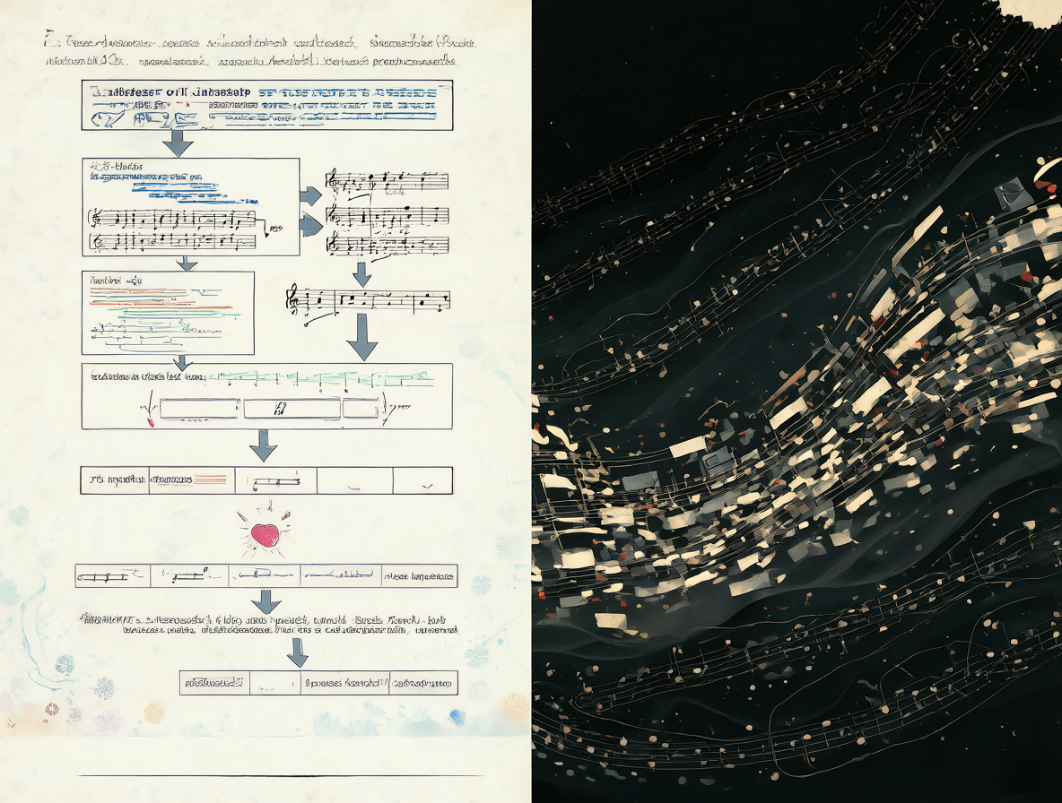 Ilustración mostrando una interfaz de traducción y notas musicales junto a líneas de texto, representando la conversión de versos.