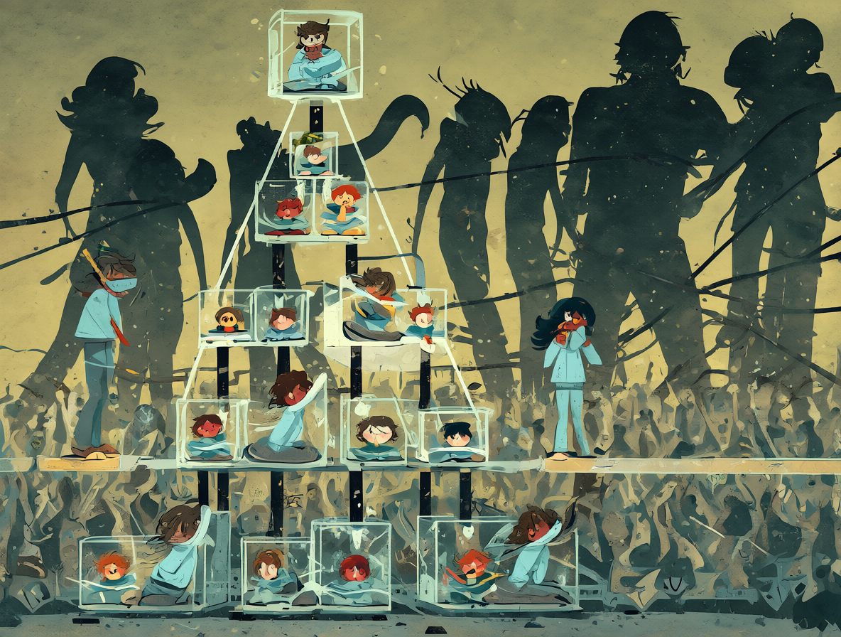 Gráfico conceptual de una estructura jerárquica rígida generando tensión humana.