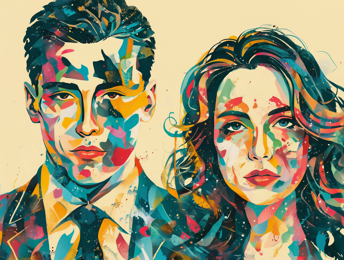 Retrato estilizado de un hombre y una mujer con poses opuestas sobre fondo neutro.