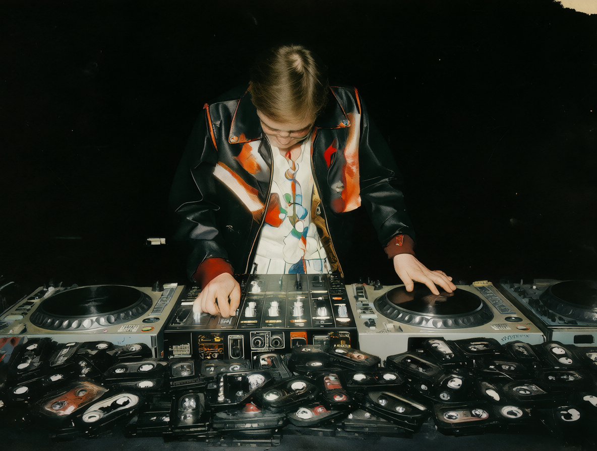 DJ trabajando con mezcladores y cassettes en un estudio de los 80.