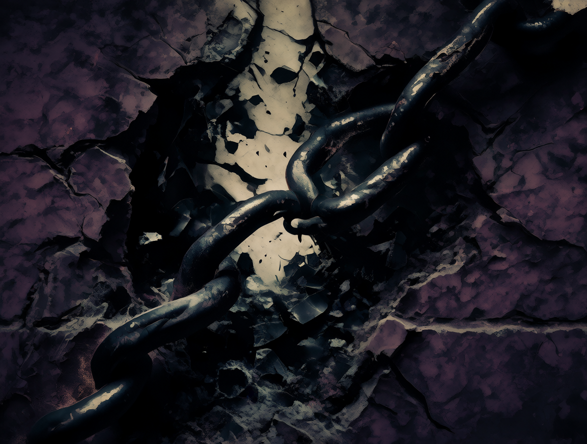 Silhouette breaking through a barrier in a dark, purple environment.