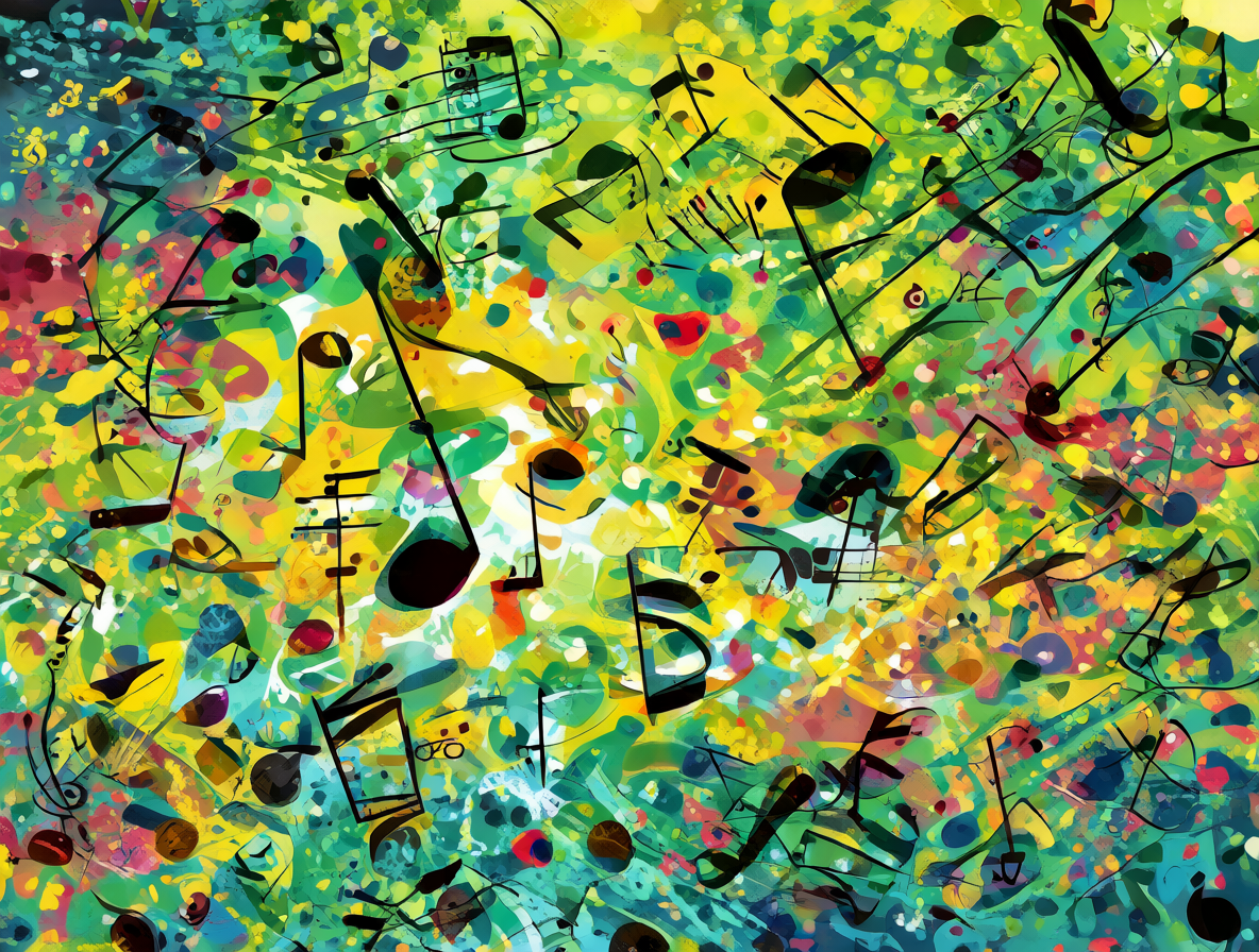 Vibrant background with floating musical notes and abstract shapes.