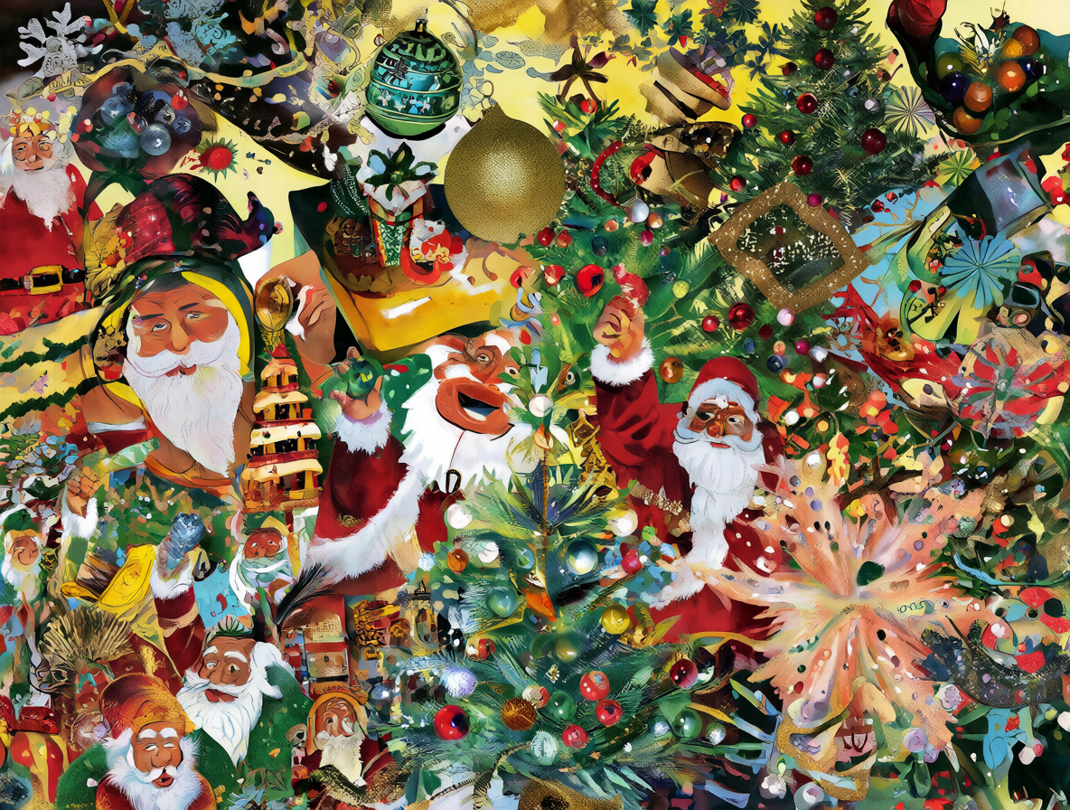 Collage de decoración navideña y figuras de Santa con un toque de humor negro.