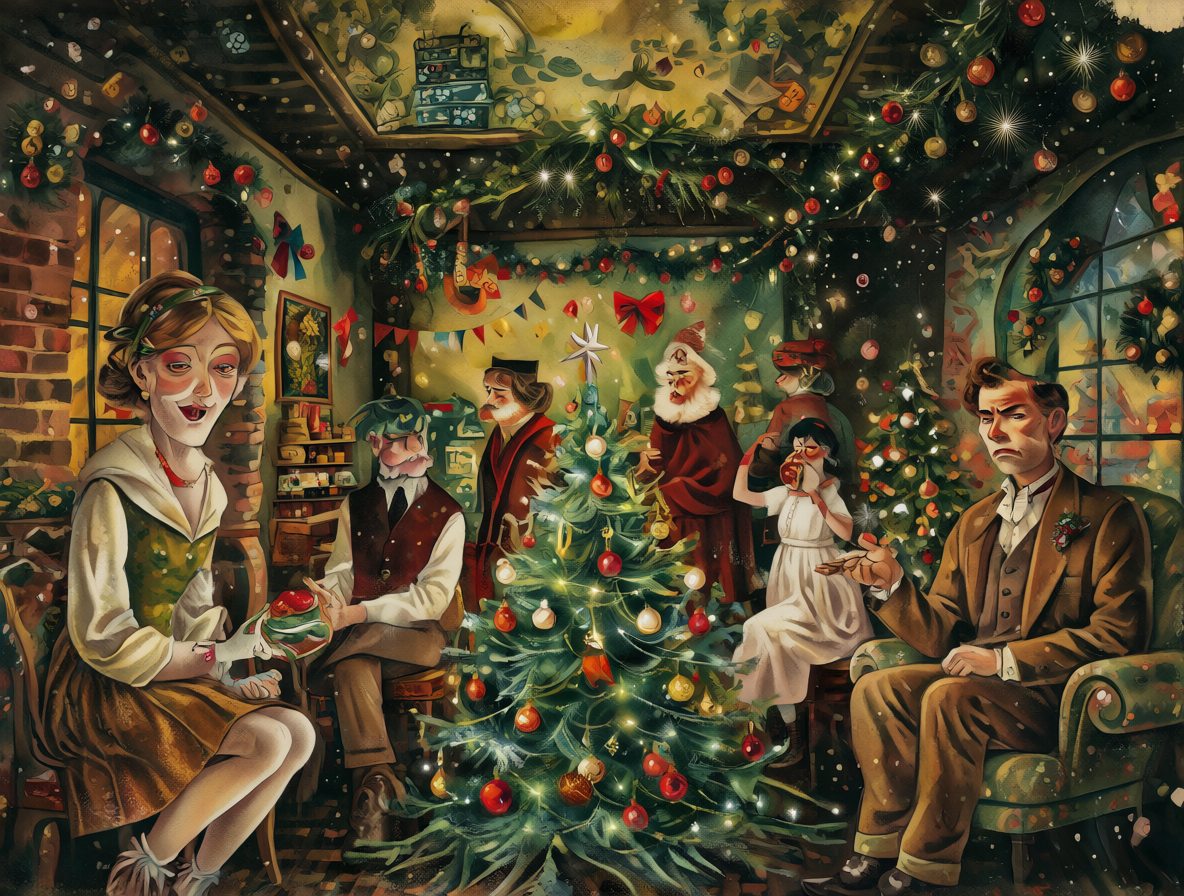 Personajes británicos interactuando de forma irónica durante la Navidad.